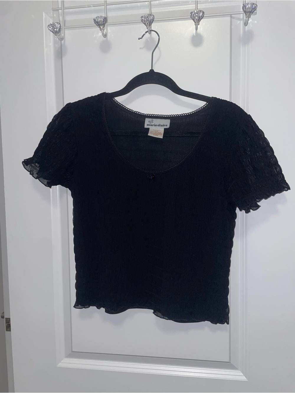 Black Short Sleeve Textured Scoop Neck Top with Rose Detail